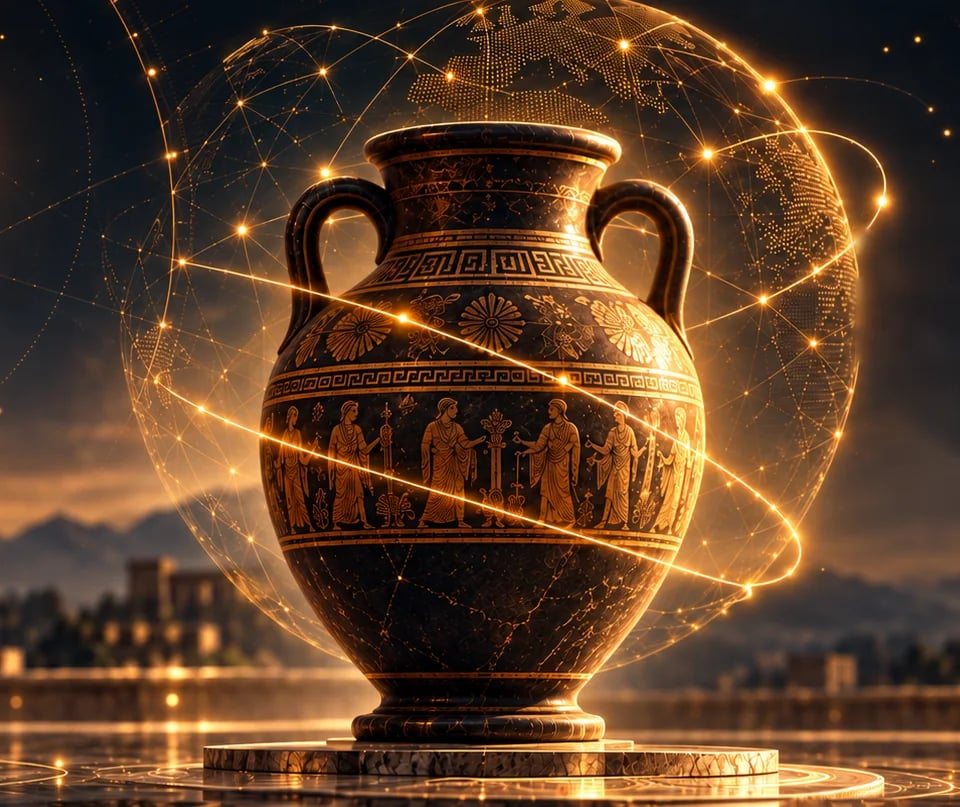 Vaso grego envolto por um globo de conexões douradas