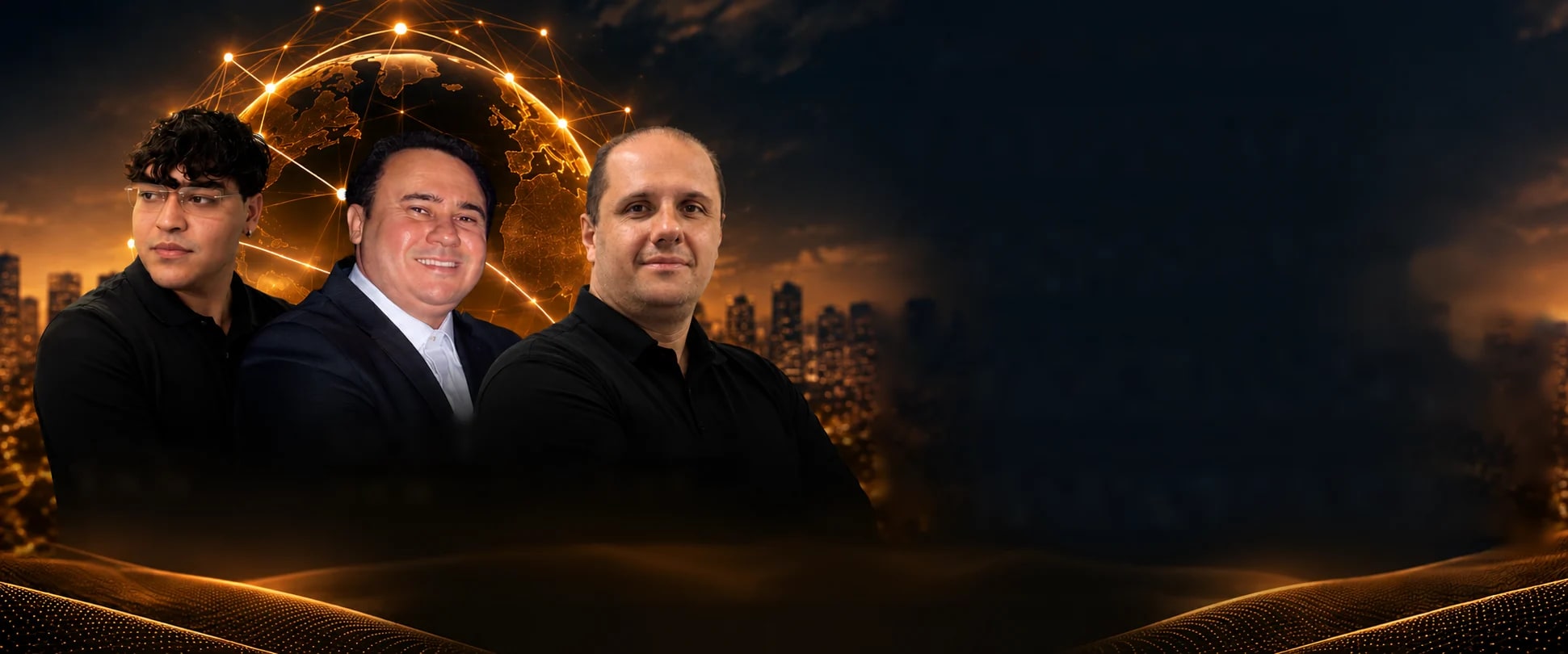 Pablo Tadini, Orli Sebastião de Oliveira Jr. e Adriano Bogo diante de um globo dourado