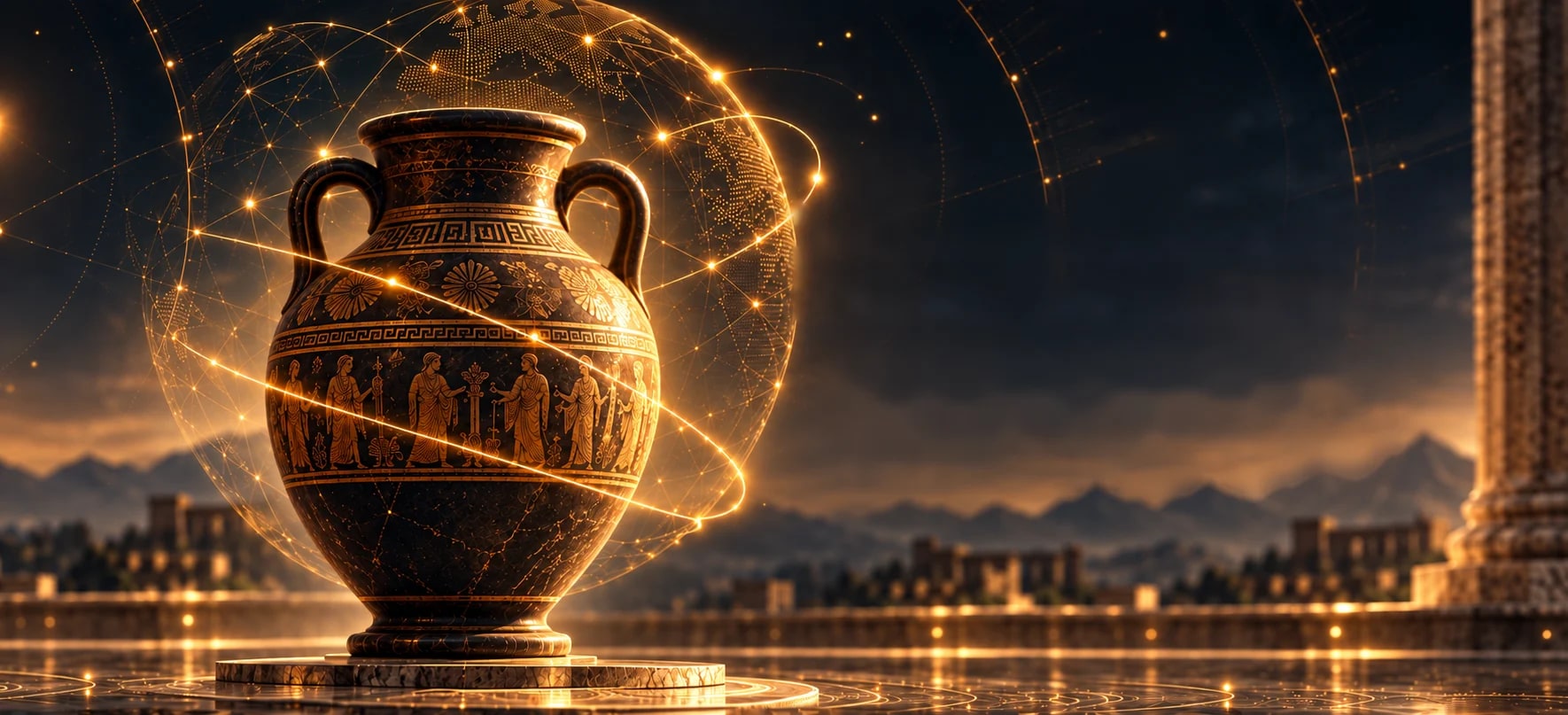 Vaso grego envolto por um globo de conexões douradas